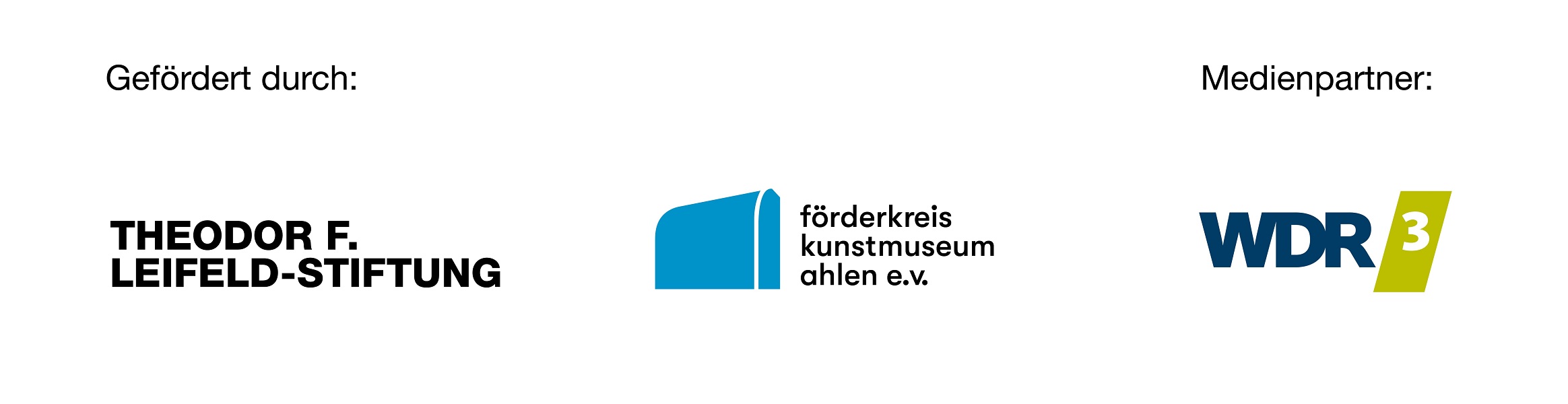 Logoleiste mit den Logos der Theodor F. Leifeld-Stiftung, des Förderkreis kunstmuseum ahlen e.V. und des Medienpartners WDR3